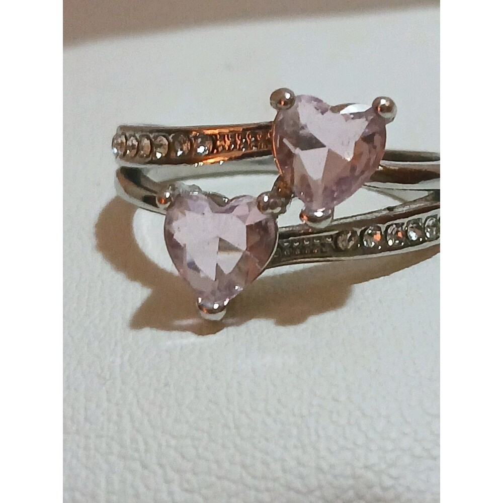 Double Pink Heart- Silver Band- Ring Womens Size 8 Stainless Steel Side Stones